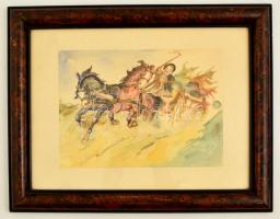 Jelzés nélkül: Vágtató lovaskocsi. Akvarell, papír, üvegezett keretben, 21×30 cm