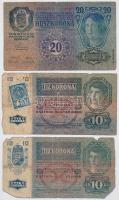1913-1920. 6db-os vegyes magyar korona bankjegy tétel, közte 2db felülbélyegzett és 1db csehszlovák bélyeggel T:III,III-