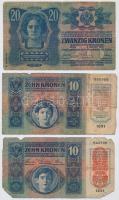 1913-1920. 6db-os vegyes magyar korona bankjegy tétel, közte 2db felülbélyegzett és 1db csehszlovák ...