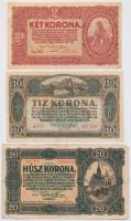 1913-1920. 6db-os vegyes magyar korona bankjegy tétel, közte 2db felülbélyegzett és 1db csehszlovák ...