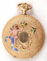 14 K arany zsebóra madarakat éps puttót ábrázoló zománc díszítéssel, hibátlan számlappal, dupla aran...