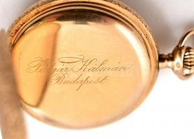 14 K arany zsebóra madarakat éps puttót ábrázoló zománc díszítéssel, hibátlan számlappal, dupla aran...