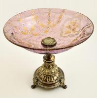 cca 1900 Wenzel Bachmann & Co alpakka aufsatz, jelzett, kézzel festett anyagában színezett üveg ...