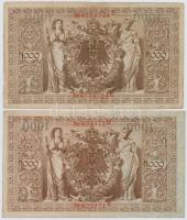 Német Birodalom 1910. 1000M (4x) hétjegyű sorszám, piros pecséttel T:III,III-
German Empire 1910. 1...
