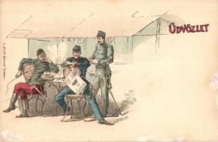 Magyar honvéd huszárok; Üdvözlet, a Divat Szalon kiadása / Hungarian soldiers 'Grüss aus...' litho