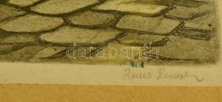 Olvashatatlan jelzéssel: Kapu, színezett rézkarc, papír, paszpartuban, üvegezett fa keretben, 22×16,...