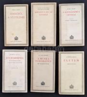 Szent István társulat sorozatából 6 kötet: Schütz Antal: Életem, UÖ: Eucharisztia, Karl Adam: A katolicizmus lényege, Krisztus és az Egyház, Trikál József: Semmiből a végtelenbe, Dr. Láng Sándor: A munka tudománya. Bp., 1940. Szent István Társulat. Egységes kiadói papírkötésben.