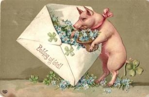 Boldog Újévet! / New Year greeting art postcard, pig. Emb. litho