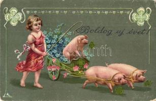 Boldog Újévet! / New Year greeting art postcard, pigs cart. EAS 17569-70. litho