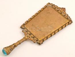 Gazdagon díszített kézi tükör, szintetikus kövekkel, áttört réz foglalatban, 33×15 cm
