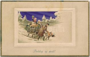 Boldog Újévet! /New Year grreing art postcard, sled. M.S.i.B. 33 W. Emb. litho