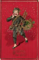 Boldog Újévet / New Year greeting art postcard, chimney sweeper. golden Emb. litho (EK)