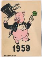 1959 Boldog Újévet! malacos mechanikus lap / New Year greeting mechanical card with pig (non PC) (EK)