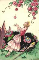 Lady, hand-painted art postcard, Hölgy, kézzel festett művészlap
