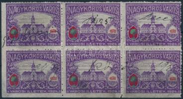 1924 Nagykőrös Városi illetékbélyeg 10.000K két oldalon fogazatlan 6-os tömbben (25.900)