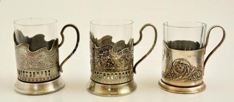 3 db retró fém pohártartó olimpia- ill. űrhajózás motívummal, üveg betéttel, m: 12 cm