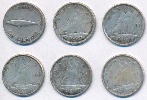 Kanada 1960-1968. 10c Ag (6xklf) T:2,2- patina
Canada 1960-1968. 10 Cents Ag (6xdiff) C:XF,VF patin...