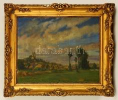 Kövér Gyula (1883-1972): Kilátás a kisvárosra. Olaj, vászon, jelzett, keretben, 40×50 cm