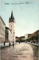 Eperjes, Presov; utcakép, Római katolikus templom tornya / Roman Catholic church tower, street (EK)