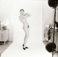 cca 1968 Lányok, asszonyok pucéran, 9 db szolidan erotikus felvétel, 6x6 cm és 6x9 cm-es vintage neg...