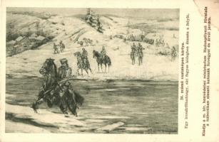 24. számú csataképes kártya. huszárfőhadnagy átússza a fagyos hideg folyót; Hadsegélyező Hivatal kiadása / WWI K.u.K. military art postcard