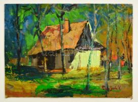 Podolyák Vilmos (1943-): Házikó. Olaj, karton, jelzett, 25×35 cm