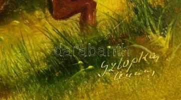 Sztopka Anna (1950-): Vadászat. Olaj, farost, jelzett, 30×40 cm