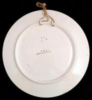 Virágmintás fajansz falitál, kézzel festett, jelzett (M. Hafner), apró kopásokkal, d: 34,5 cm