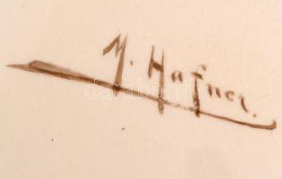 Virágmintás fajansz falitál, kézzel festett, jelzett (M. Hafner), apró kopásokkal, d: 34,5 cm