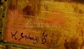 Spányi jelzéssel: Lápos vidék gólyákkal. Olaj, karton, keretben, 22×27 cm