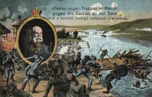 Oester. ungar. Truppen im Kampf gegen die Serben an der Save / Mitroviczánál a szerbek vereséget szenvednek / WWI K.u.k. military, Franz Joseph (EK)