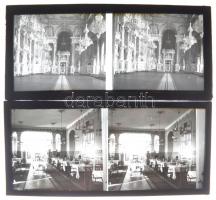 cca 1920 Sztereo üveglemez pozitív képek, 13 db felvétel (kastélybelső, híd, városkép, park, táj, stb), 6x13 cm