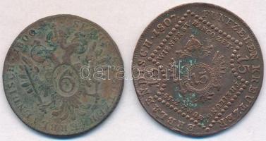 1800E 6kr Cu + 1807S 15kr Cu "I. Ferenc" T:2- patina,ü
