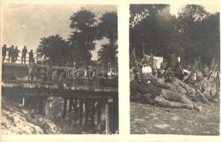 Első világháborús katonai lap, hídépítés, pihenő katonák fegyverekkel / WWI K.u.k. military, bridge construction, resting soldiers with their guns, photo