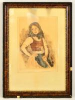 Glatz Oszkár (1862-1958)-Prihoda István (1891-1956): Parasztlányka. Színezett rézkarc, papír, jelzett, üvegezett keretben, 35×24 cm