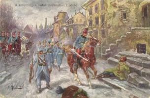 A szövetséges hadak bevonulása Lodzba / WWI K.u.k. military art postcard, entry to Lodz s: F. Höllerer (fl)