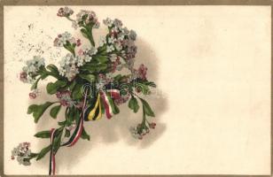 Flower greeting art postcard with Hungarian, German and Austrian flags. Viribus Unitis propaganda, litho