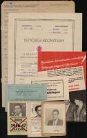 1929-1957 Vegyes papírrégiség tétel, összesen 8 db, igazolványok, dalosigazolvány, téglajegy, kommunista propaganda röplap, illetőségi igazolvány