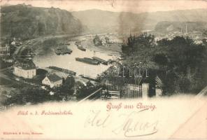 Ústí nad Labem, Aussig; Blick von d. Ferdinandshöhe / barges (small tear)