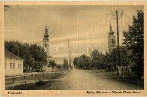 Cservenka, Crvenka; Horthy Miklós út, templomok. Aulenbach Ádám kiadása / street view, churches