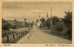 Cservenka, Crvenka; Hitler Adolf utca, templomok. Aulenbach Ádám kiadása / street view, churches