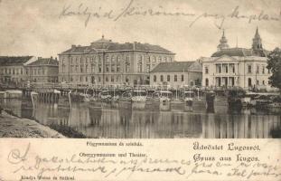 Lugos, Lugoj; Főgimnázium és színház, híd / grammar school and theatre, bridge