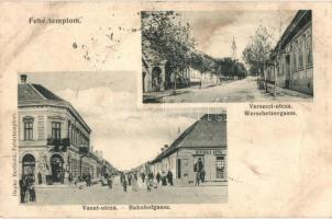 Fehértemplom, Ung. Weisskirchen, Bela Crkva; Verseci és Vasút utca, Berthold Hepke üzlete / street views and shop (fa)