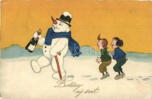 Boldog Újévet! / New Year greeting art postcard, snowman, Messner & Buch Nr. 3020. litho (EK)