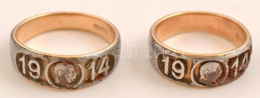 1914 Első világháborús arany (14 K)-vas gyűrű (2 db), jelzett (GES.GE) rozsdás, méret:51 és 56, bruttó: 5 g (együtt)