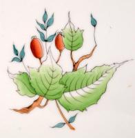 Herendi csipkebogyó mintás süteményes készlet, kézzel festett, egyik tányéron hajszálrepedés, jelzet...