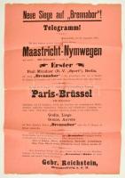 1893 Belgiumi bicikliversenyeket hirdető plakát, német nyelven, szakadásokkal, 46x32 cm / Belgian bicycle race advertisement poster, in German, with tears