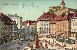 Graz, Hauptplatz / main square, trams, shops (EK)