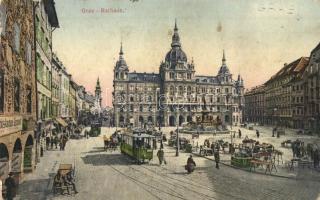 Graz, Rathaus / town hall, market vendors, trams, shops  (Rb)