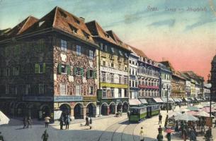 Graz, Luegg am Hauptplatz, Ansichtskarten Zentrale / street view, tram, market vendors, postcard shop (fa)